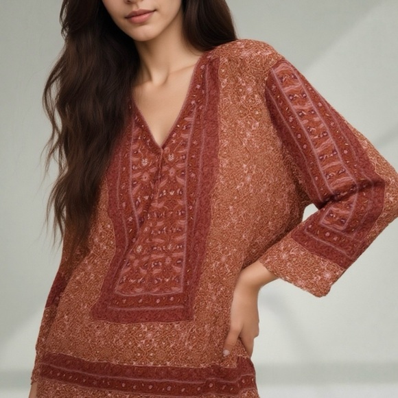 Lucky Brand Tops - Lucky brand long sleeve burnt orange boho printed top size 2x